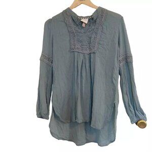 Knox Rose Teal Hi-Low Gauze Tunic Crochet Lace Yoke Long Sleeves S Boho